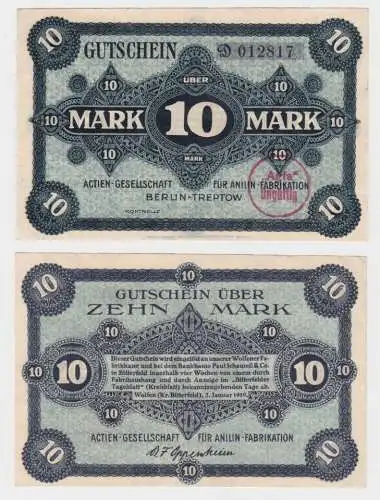 10 Mark Banknoten Notgeld Berlin-Treptow Anilin Fabrikation 02.01.1919 (143719)