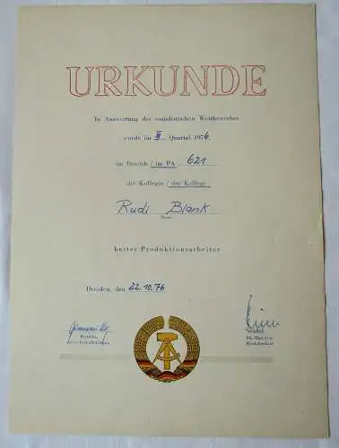 DDR Urkunde soz. Wettbewerb - bester Produktionsarbeiter Dresden 1976 (134817)