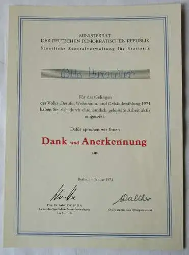 DDR Urkunde Ministerrat der DDR Staatl. Zentralverwaltung für Statistik (134273)