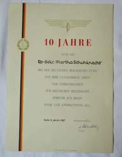 DDR Urkunde 10 Jahre Treue und Verbundenheit Deutsche Reichsbahn Halle (134764)