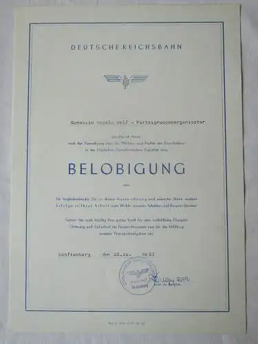 DDR Urkunde Belobigung Deutsche Reichsbahn Senftenberg Parteiorganisator /136346