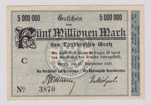 5 Millionen Mark Banknote Inflation Landkreis Greiz 17.9.1923 (125936)