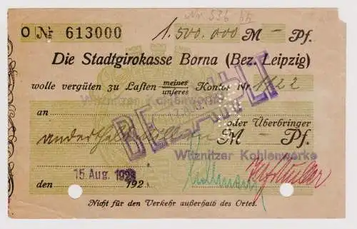 Firmenscheck 1,5 Millionen Mark Banknote Stadtgirokasse Borna 15.8.1923 (120886)