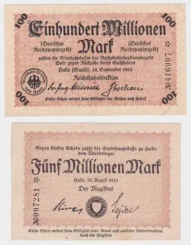 5 & 100 Millionen Mark Banknoten Reichsbahndirektion Halle 1923 (120012)