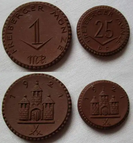 25 Pfennig + 1 Mark Porzellan Münze Freiberg 1921  (144132)