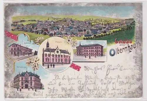 97668 Ak Lithographie Gruß aus Olbernhau Bahnhof, Postamt usw. 1900