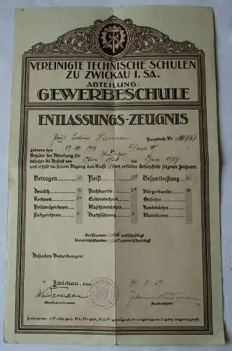 Entlassungszeugnis Gewerbeschule Vereinigte Techn. Schulen Zwickau 1929 (123564)