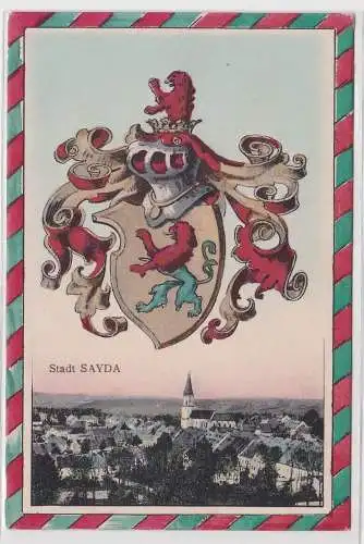 67408 Wappen AK Stadt Sayda - Ortsansicht mit Stadtwappen darüber
