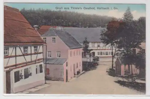 30676 Ak Gruß aus Thieles Gasthof Hallbach in Sachsen 1918