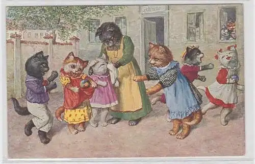 11213 Arthur Thiele Künstler Ak Katzen spielen vor der Schule um 1910