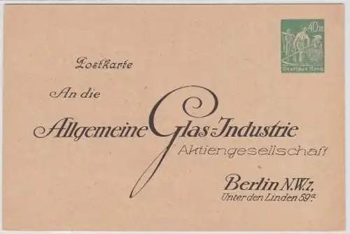 96863 DR Ganzsachen Postkarte PP67/B1 Berlin allgemeine Glas Industrie A.G.
