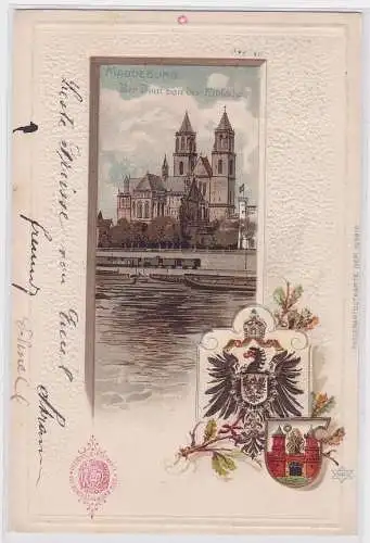 72271 Präge AK Magdeburg Der Dom von der Elbseite mit Wappen 1900