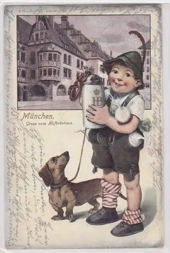 91425 AK München Gruss vom Hofbräuhaus, bayrische Tradition Dackel Weißbier 1906