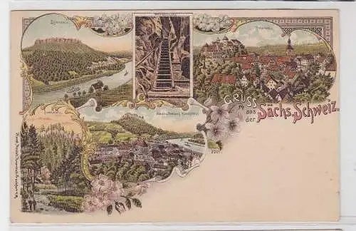 75270 Ak Lithographie Gruss aus der Sächsischen Schweiz Hohenstein usw. um 1900