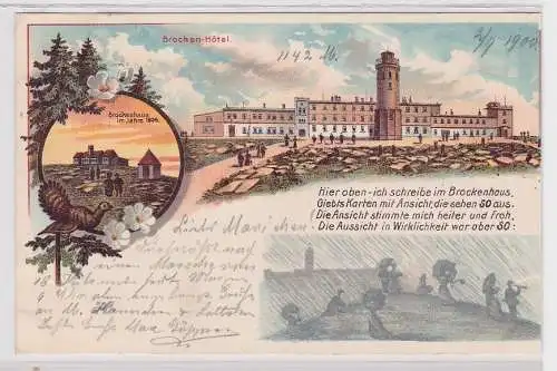 87446 Reim Ak Lithographie Gruß vom Brocken mit Brockenhotel 1900