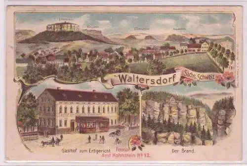80291 Ak Lithographie Waltersdorf sächs.Schweiz Gasthof zum Erbgericht 1910