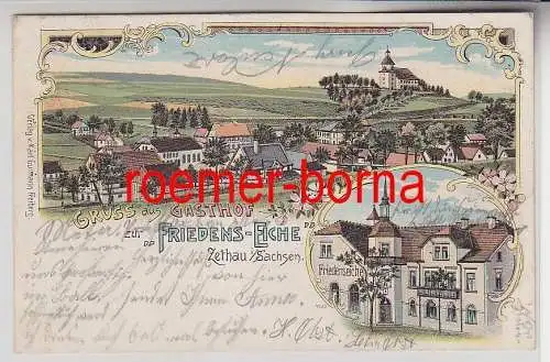 74357 Ak Lithographie Gruss vom Gasthof zur Friedens Eiche Zethau in Sa. 1904