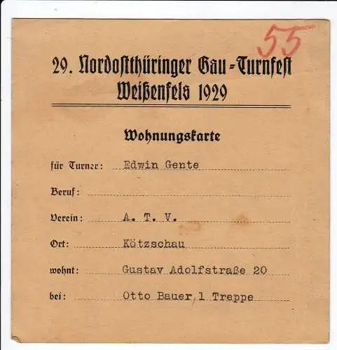 Wohnungskarte zum 29. Nordthüringer Gau-Turnfest Weißenfels 1929 (129431)