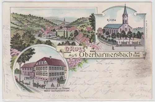 88011 Lithographie Ak Gruss aus Oberharmersbach - Gasthaus Sonne, Kirche 1902