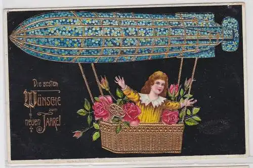 59766 Neujahrs Ak Kind steuert Zeppelin Luftschiff im Blütenschmuck 1909