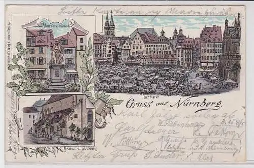44093 Ak Lithographie Gruß aus Nürnberg Markt, Bratwurstglöcklein usw. 1897