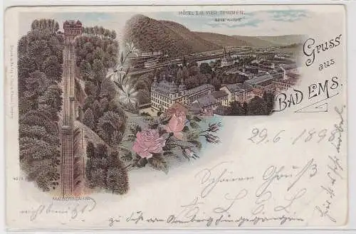 62198 Ak Lithographie Gruß aus Bad Ems Hotel zu den 4 Türmen 1898