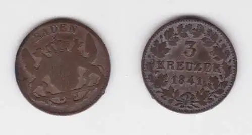 3 Kreuzer Silber Münze Baden 1841 ss (160310)