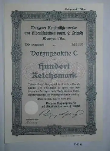 100 Reichsmark Aktie Wurzener Kunstmühlenwerke & Biscuitfabriken 1931 (132397)
