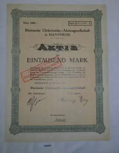 1000 Mark Aktie Rheinische Elektrizitäts-AG Mannheim 16. Januar 1923 (129307)