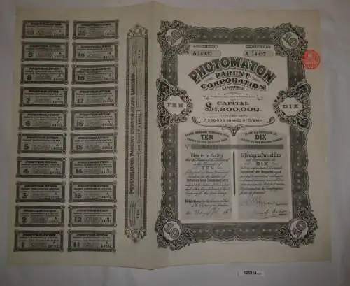 1 Pfund 10 Aktien Photomaton Parent Corporation London 23. Juli 1928 (126914)