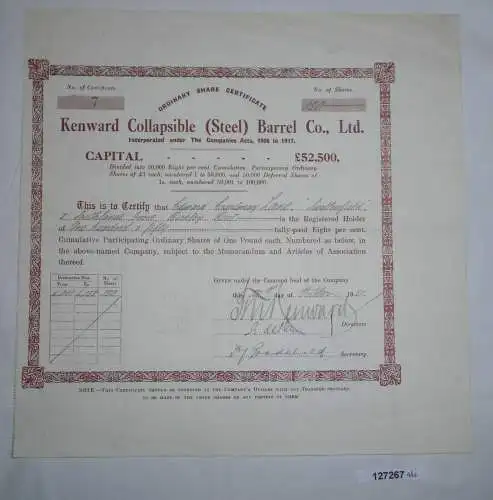 150 Pfund Aktie Kenward Collapsible (Steel) Barrel Co. 28. Oktober 1921 (127267)