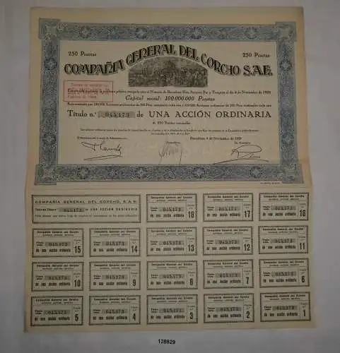 250 Pesetas Aktie Compañía General del Corcho S.A.E. Barcelona 1929 (128829)
