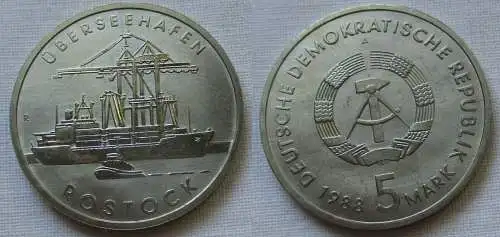 DDR Gedenk Münze 5 Mark Überseehafen Rostock 1988 Stempelglanz (143283)