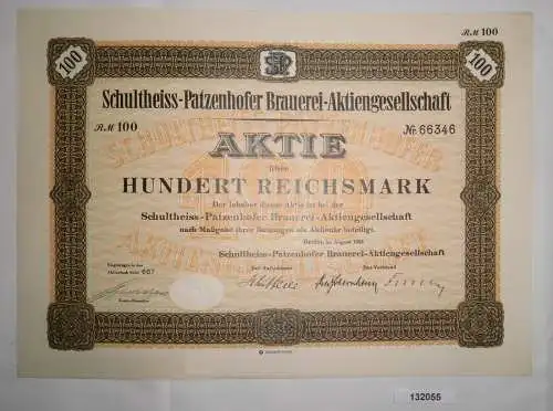 100 Mark Aktie Schultheiss Patzenhofer Brauerei in Berlin August 1932 (132055)