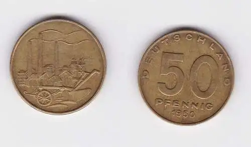 50 Pfennig Messing Münze DDR 1950 Pflug vor Industrielandschaft (124435)