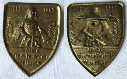 seltenes Blech Abzeichen 75 Jahre Freiwillige Feuerwehr Erlbach 1957 (114209)