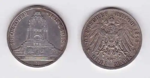 3 Mark Silber Münze Sachsen Völkerschlachtdenkmal Leipzig 1913 (124469)