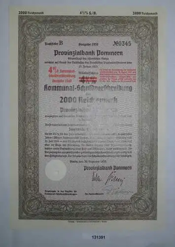 2000 Reichsmark Schuldverschreibung Provinzialbank Pommern Stettin 1939 (131391)