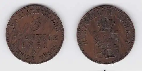Kupfer Münze 3 Pfennig Anhalt 1861 A (131104)