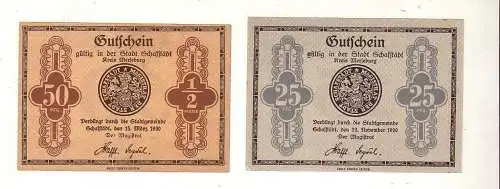 2 Banknoten 25 und 50 Pfennig Notgeld Stadt Schafstädt 1920 (113115)