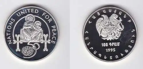 100 Dram Silbermünze Armenien 1995 50 Jahre UNO Vereinte Nationen PP (132355)
