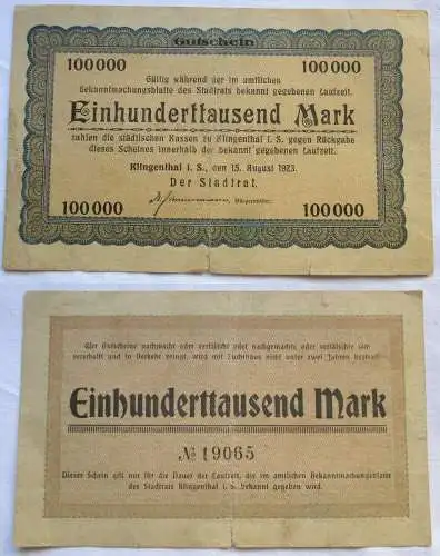 100000 Mark Banknote Inflation Klingenthal in Sachsen 15.8.1923 (118779)