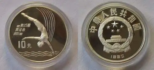 10 Yuan Silber Münze China 1990 Olympia Barcelona 1992, Turmspringen (101409)