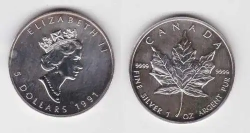5 Dollar Silber Münze Canada Kanada Maple Leaf 1991 1 Unze Feinsilber (130107)