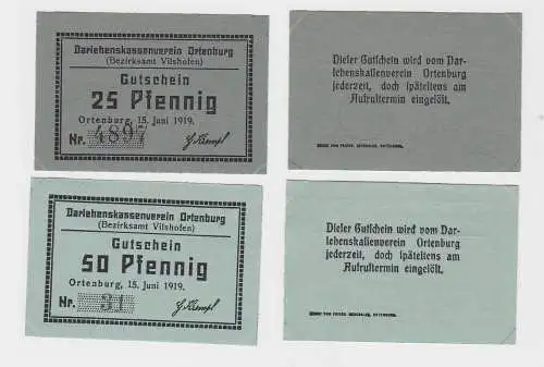 25 & 50 Pfennig Banknoten Notgeld Darlehnskassenverein Ortenburg 1919 (133076)