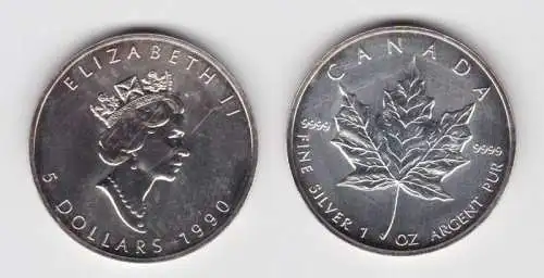 5 Dollar Silber Münze Canada Kanada Maple Leaf 1990 1 Unze Feinsilber (132218)