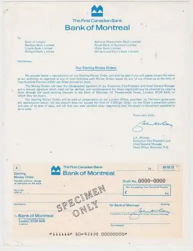 seltenes Scheckvordruck Muster First Canadian Bank of Montreal um 1980 (132756)