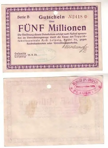 5 Millionen Mark Banknote Teppichfabrikzentrale AG Ölsnitz Leipzig 1923 (112506)