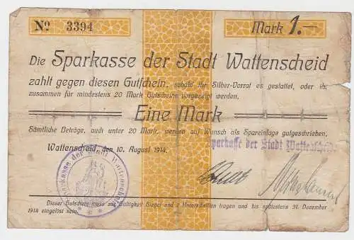 1 Mark Banknote Notgeld Stadt Wattenscheid 10.08.1914  (132716)