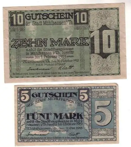 5 und 10 Mark Banknoten  Stadt Mühlhausen in Thüringen 1918 (112900)